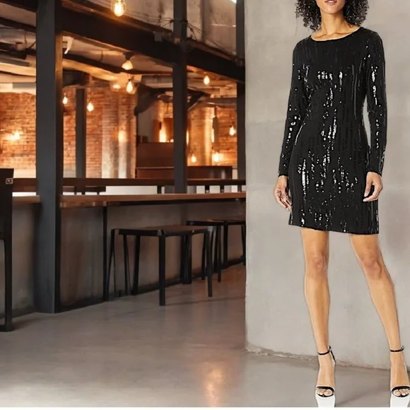 NWT Karen Kane Starlight Black Sequins Sheath Dress Long Sleeve XL - Picture 16 of 16